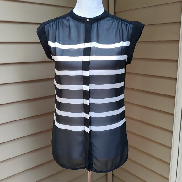 Liz Claiborne Striped Button-Up Blouse Black White Sheer High Neck Short Sleeves - Picture 2 of 11